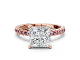 Rose gold Princess Cut Diamond Solitaire Ring with Pavé Band and Four-Prong Setting