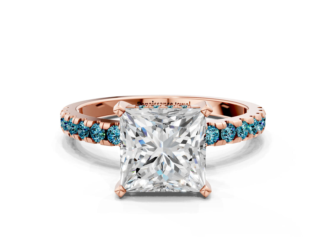 Rose gold Princess Cut Diamond Solitaire Ring with Pavé Band and Four-Prong Setting