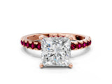 Rose gold Princess Cut Diamond Solitaire Ring with Pavé Band and Four-Prong Setting