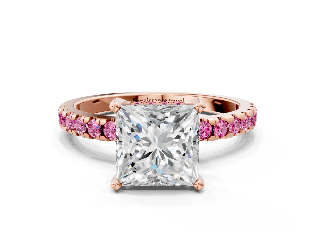 Rose gold Princess Cut Diamond Solitaire Ring with Pavé Band and Four-Prong Setting