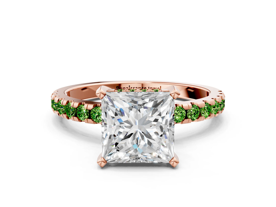 Rose gold Princess Cut Diamond Solitaire Ring with Pavé Band and Four-Prong Setting