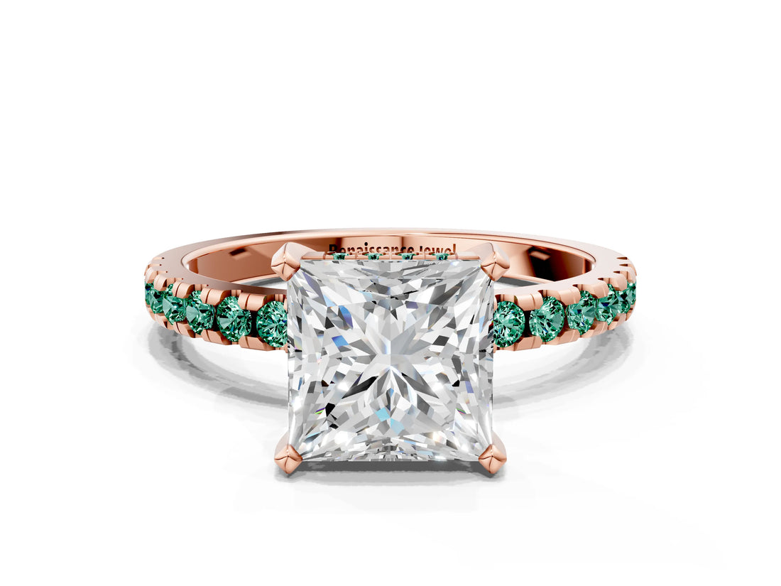 Rose gold Princess Cut Diamond Solitaire Ring with Pavé Band and Four-Prong Setting