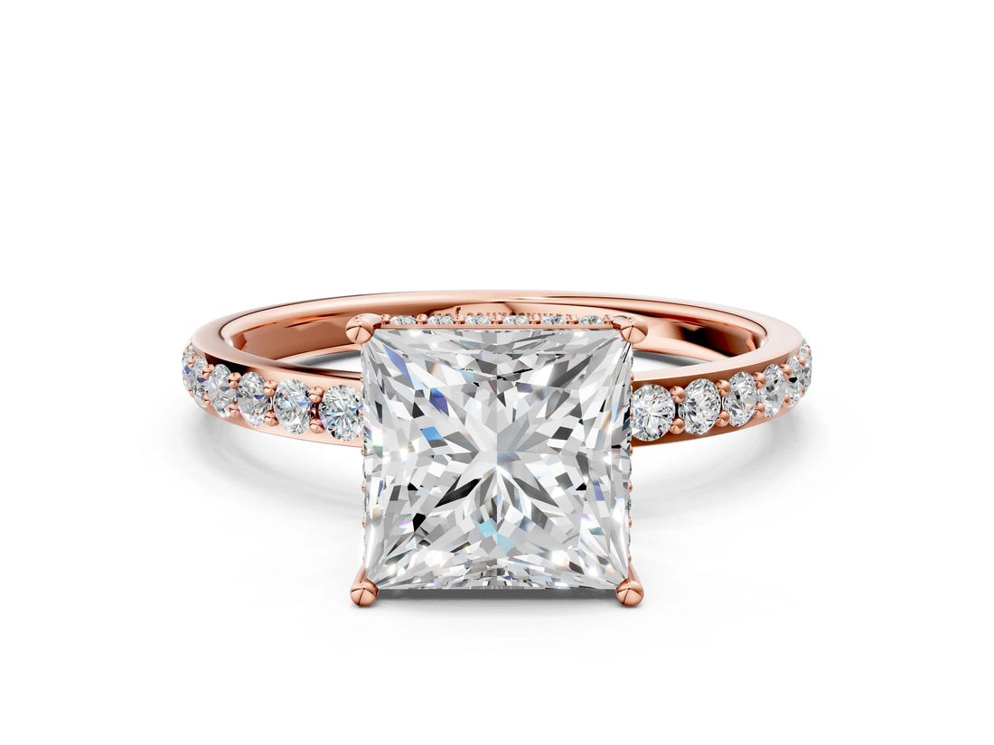 Rose gold Princess Cut Diamond Solitaire Ring with Pavé Band and Hidden Halo_20