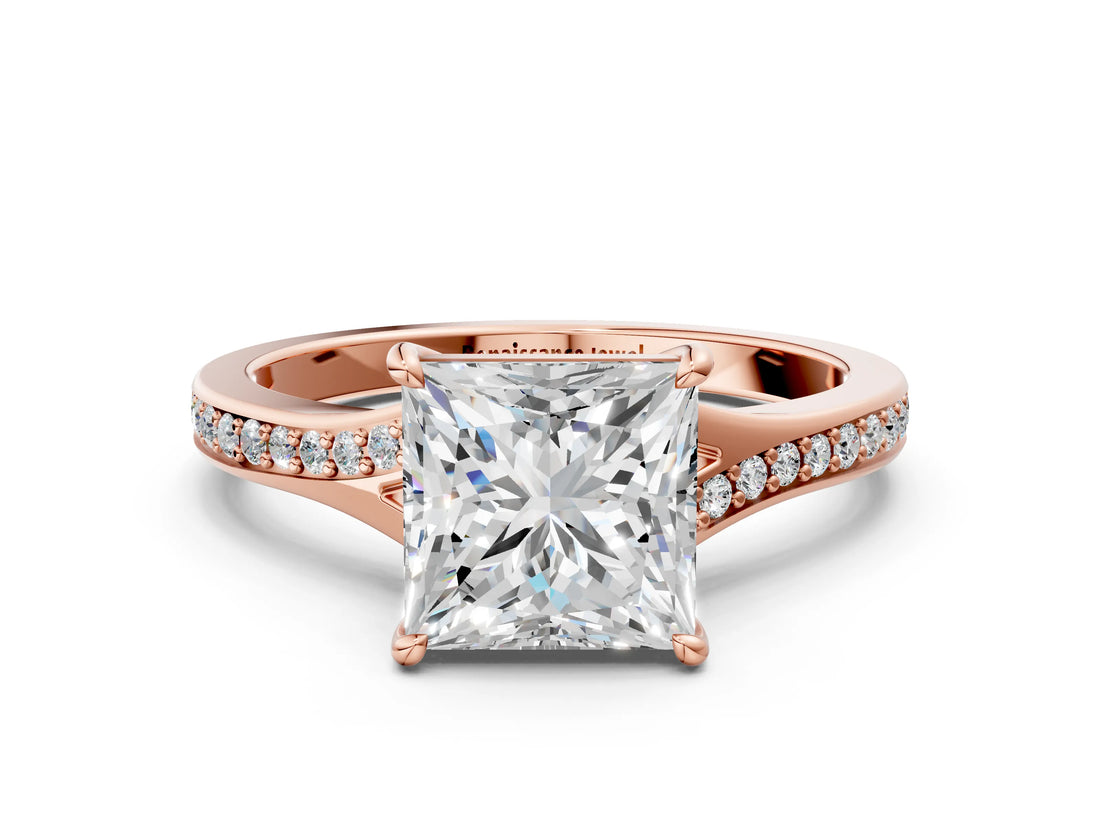 Rose gold Princess Cut Diamond Solitaire Ring with Pavé Band and Prong Setting_12