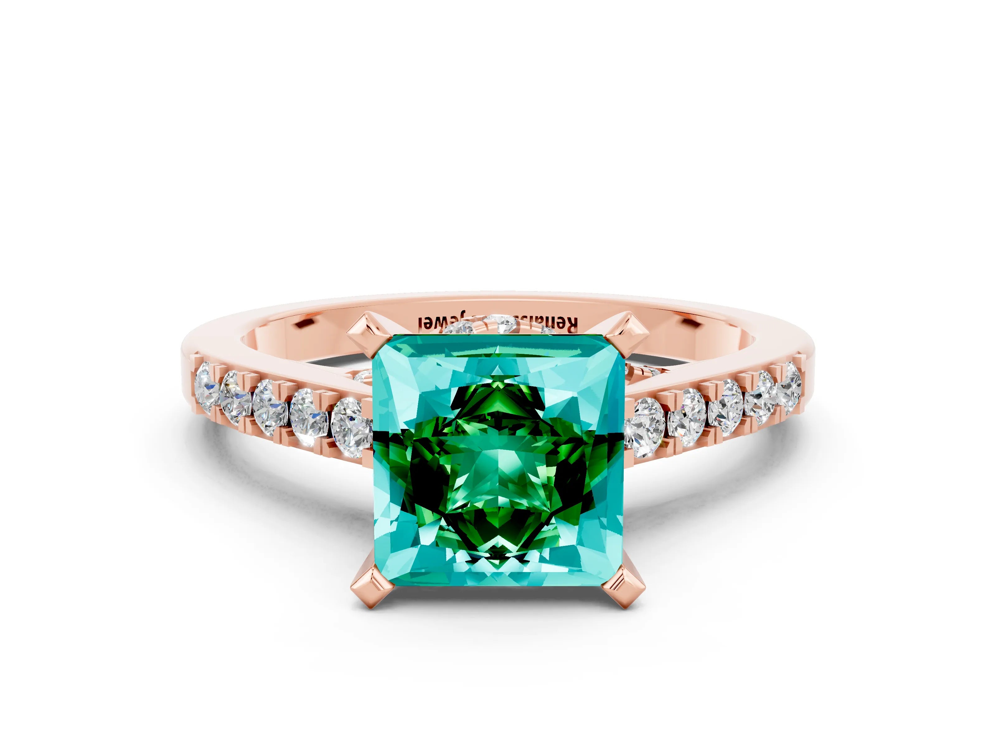 Rose gold Princess Cut Diamond Solitaire Ring with Pavé Band and Prong Setting_12