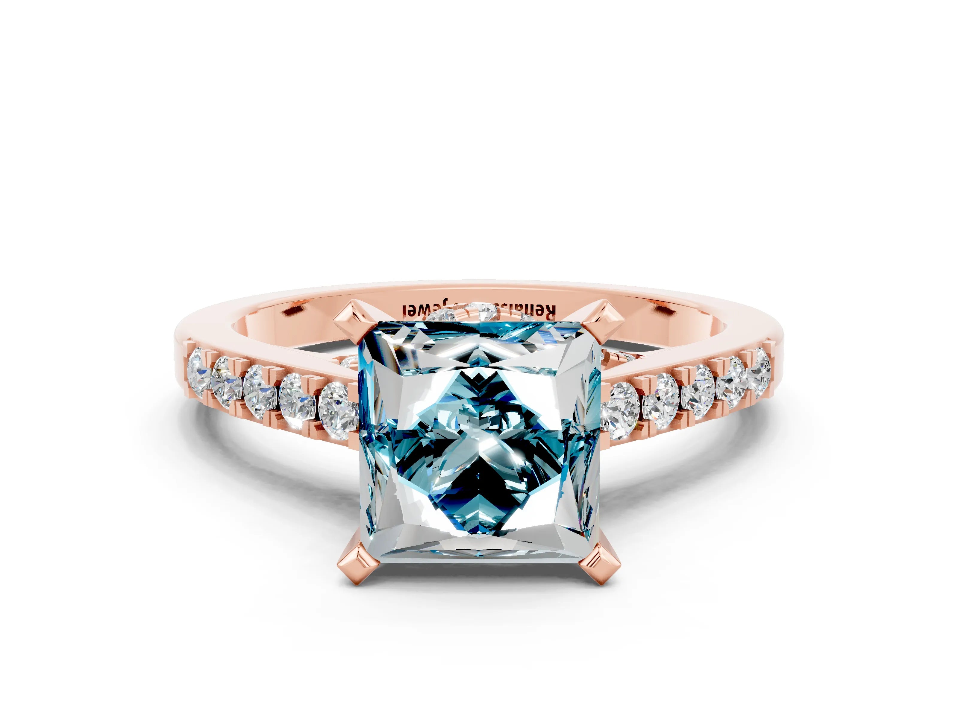 Rose gold Princess Cut Diamond Solitaire Ring with Pavé Band and Prong Setting_12
