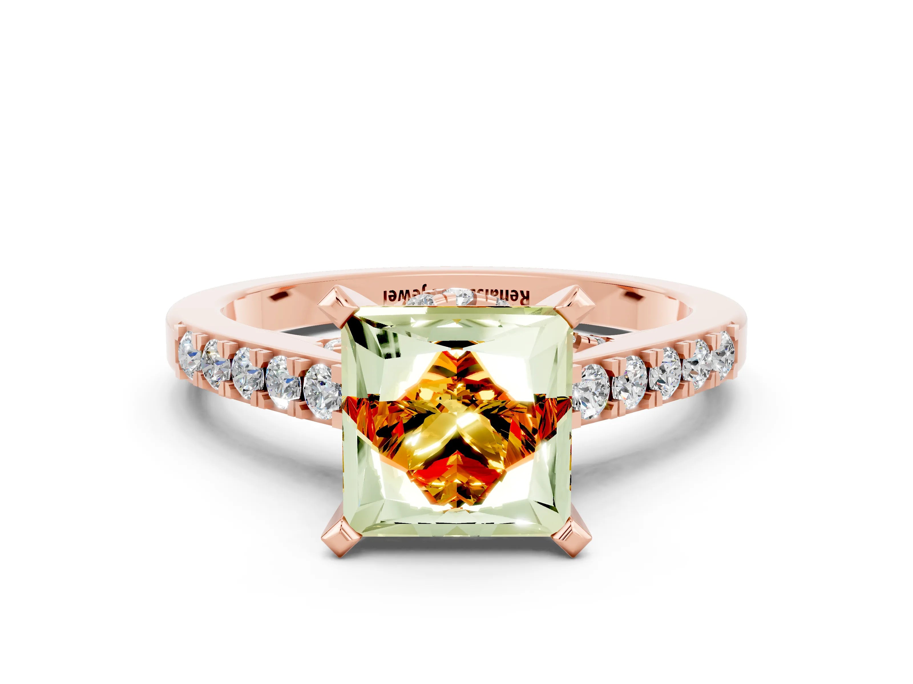 Rose gold Princess Cut Diamond Solitaire Ring with Pavé Band and Prong Setting_12