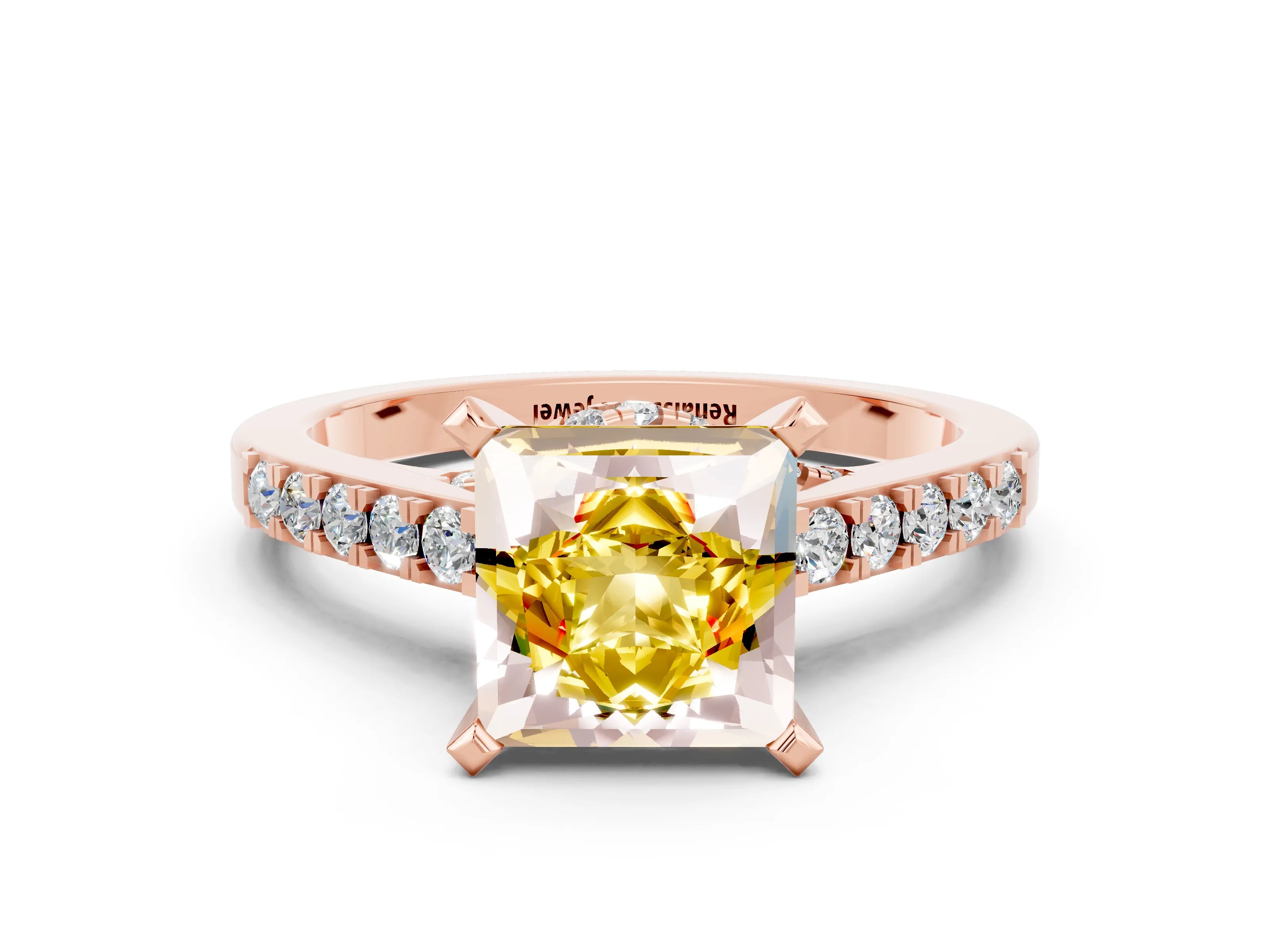 Rose gold Princess Cut Diamond Solitaire Ring with Pavé Band and Prong Setting_12