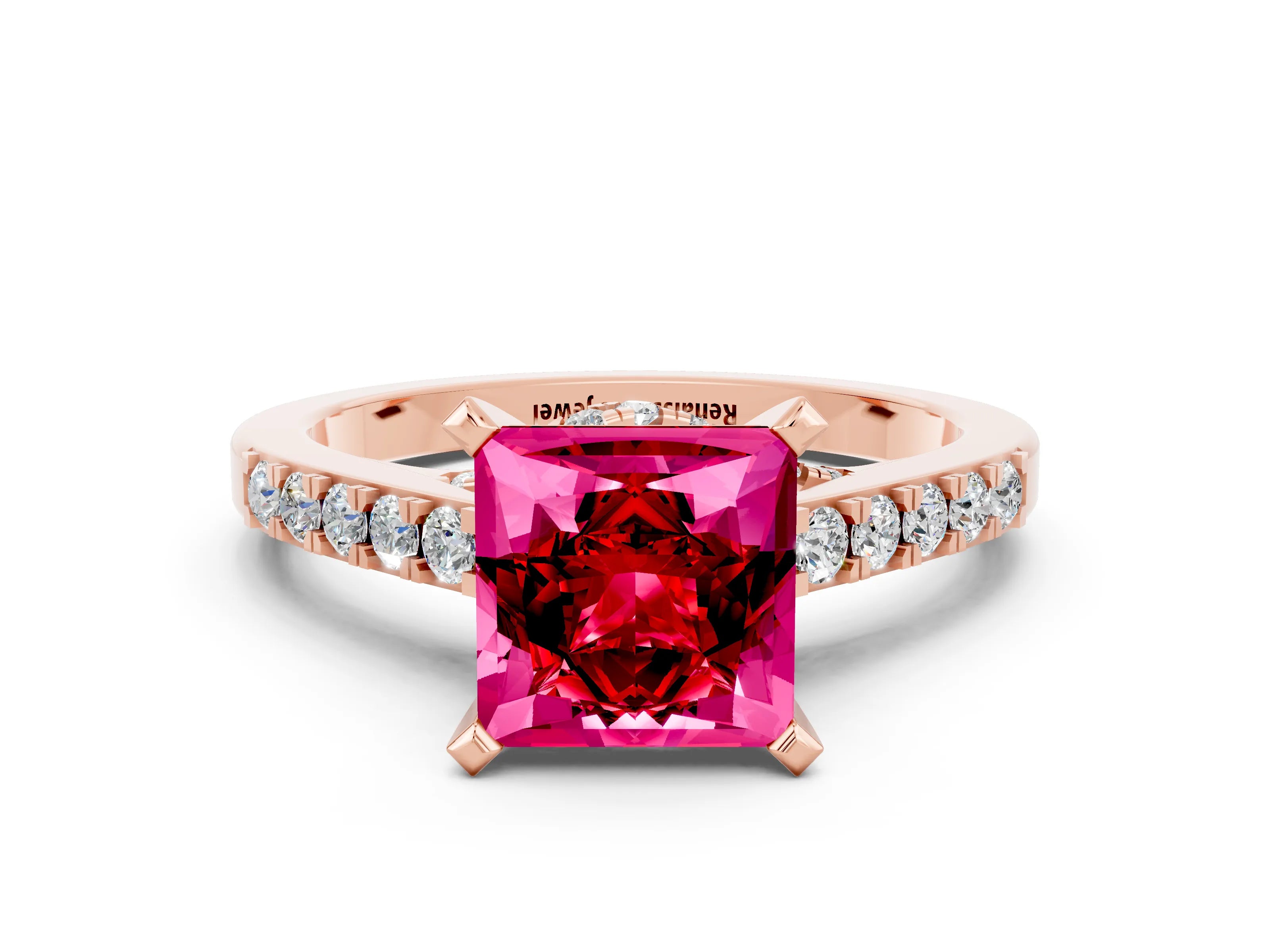 Rose gold Princess Cut Diamond Solitaire Ring with Pavé Band and Prong Setting_12