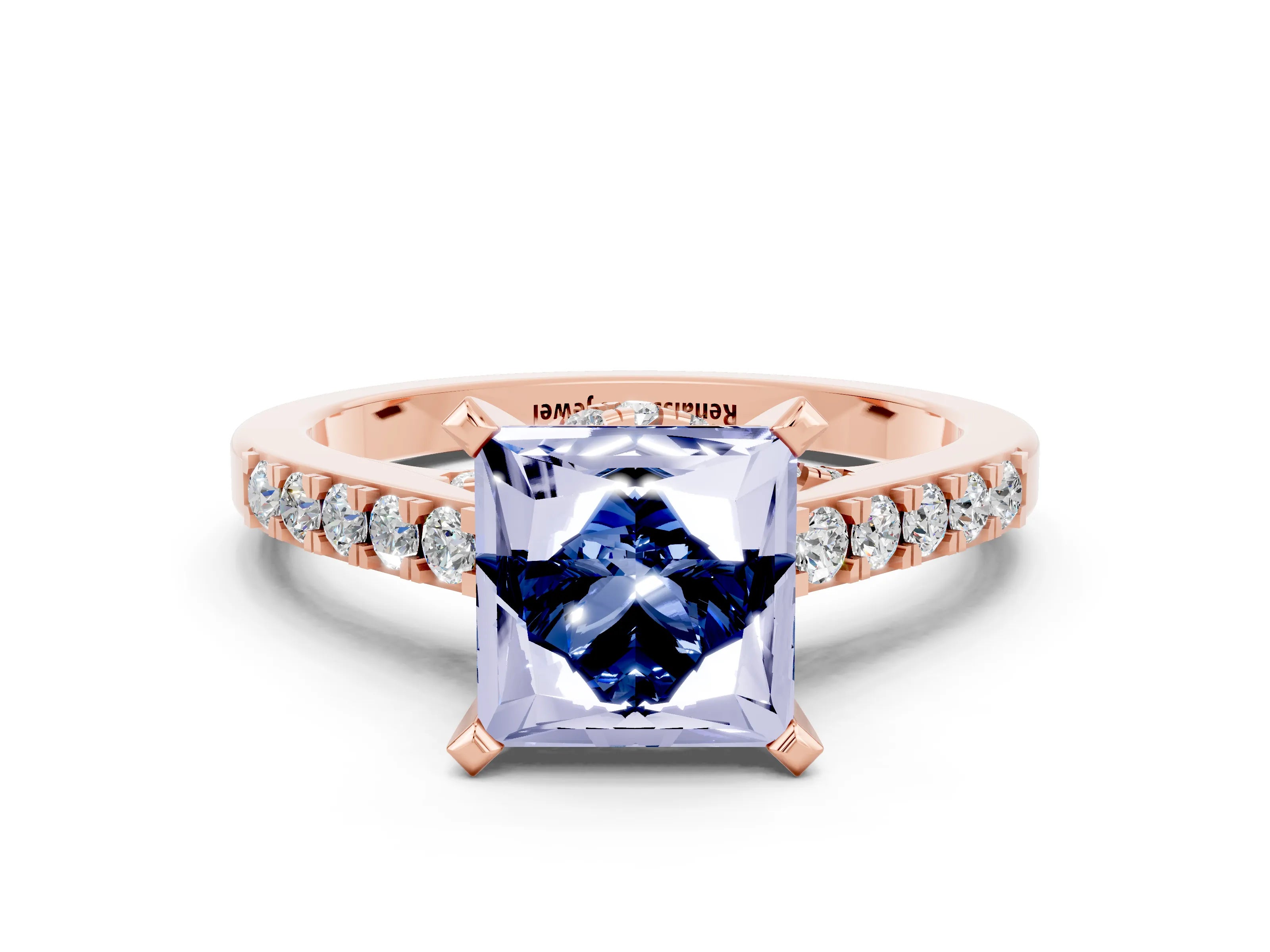 Rose gold Princess Cut Diamond Solitaire Ring with Pavé Band and Prong Setting_12