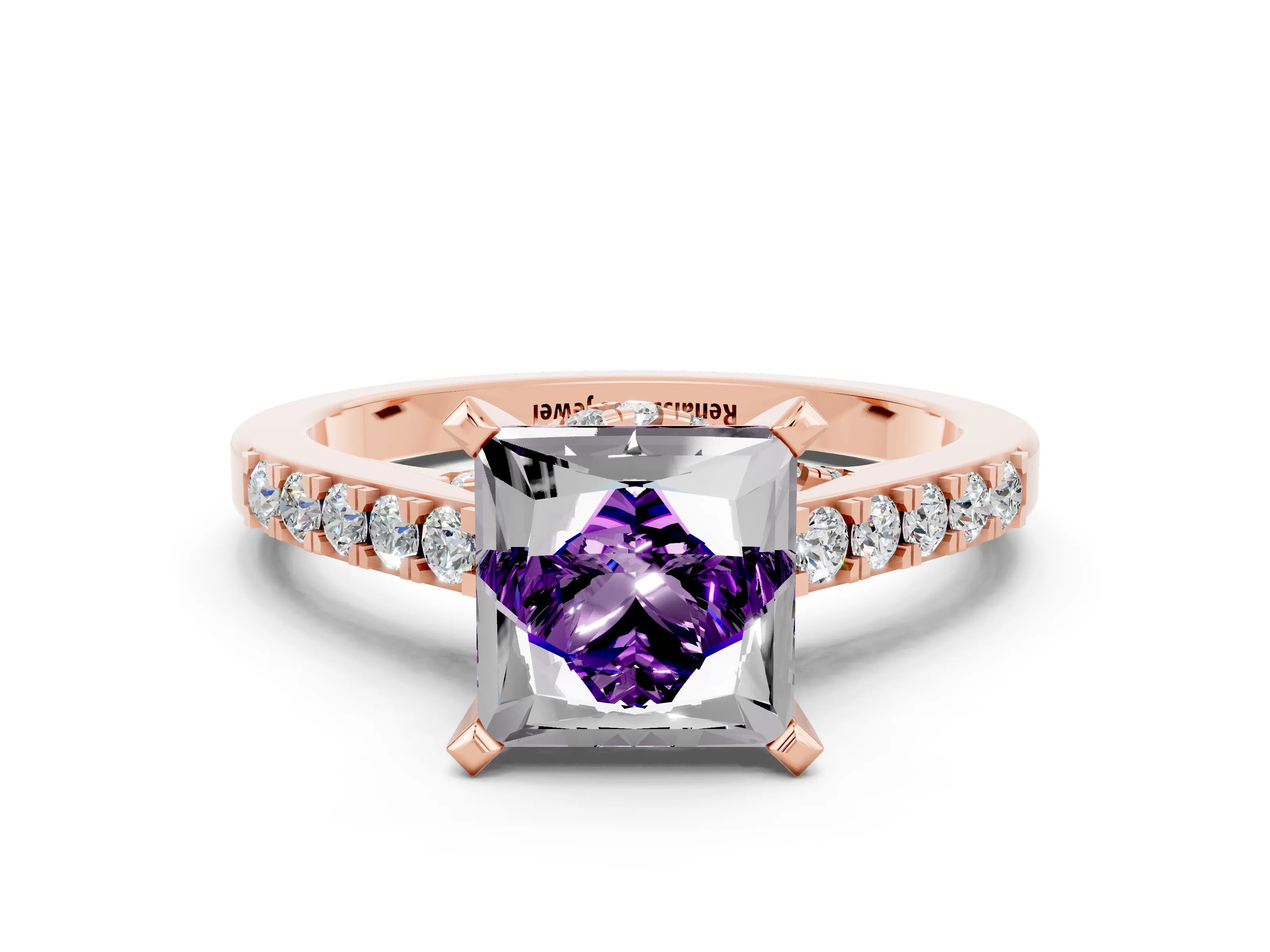 Rose gold Princess Cut Diamond Solitaire Ring with Pavé Band and Prong Setting_12