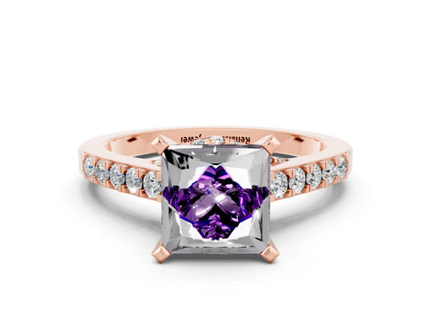 Rose gold Princess Cut Diamond Solitaire Ring with Pavé Band and Prong Setting_12