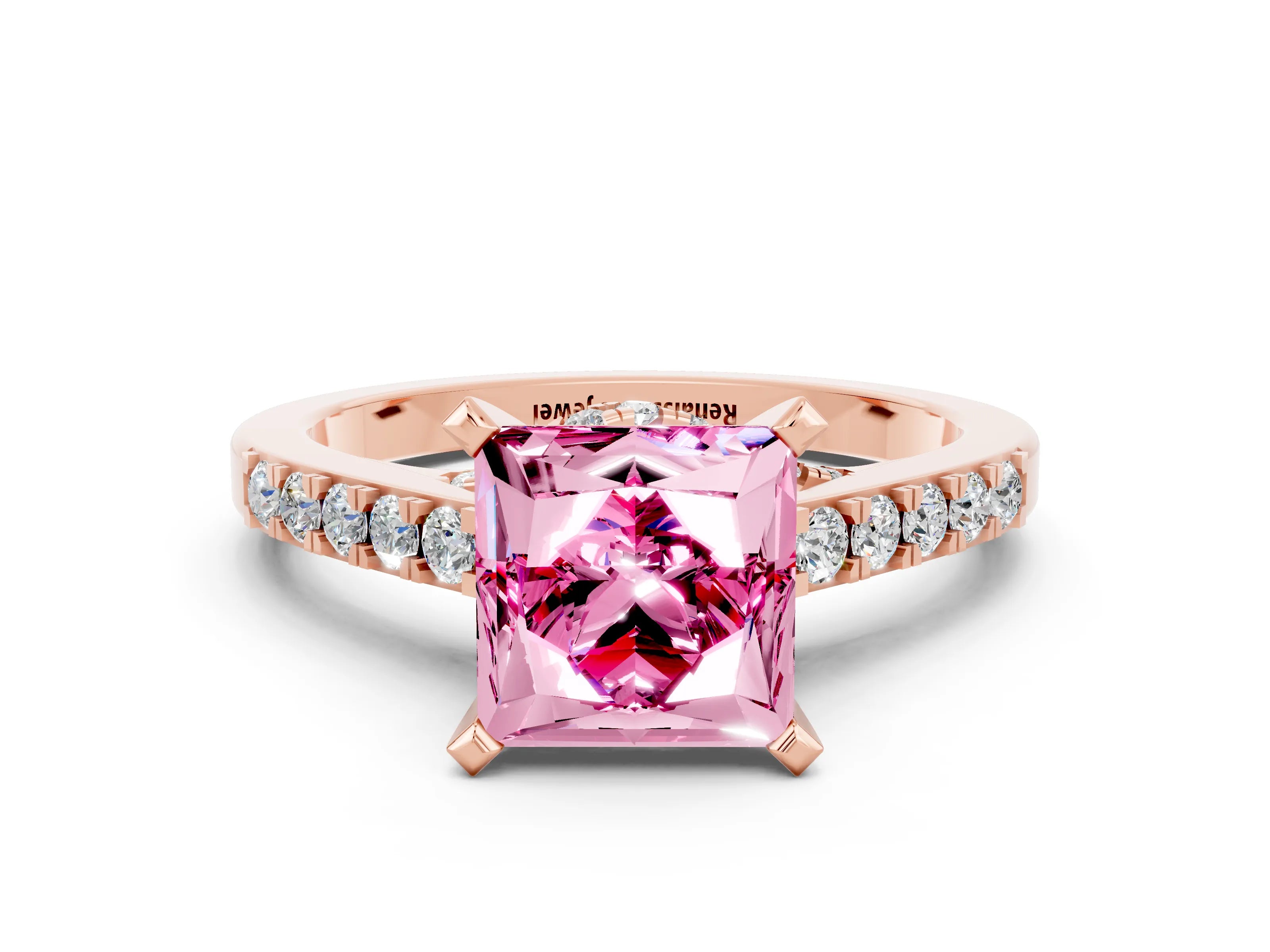 Rose gold Princess Cut Diamond Solitaire Ring with Pavé Band and Prong Setting_12