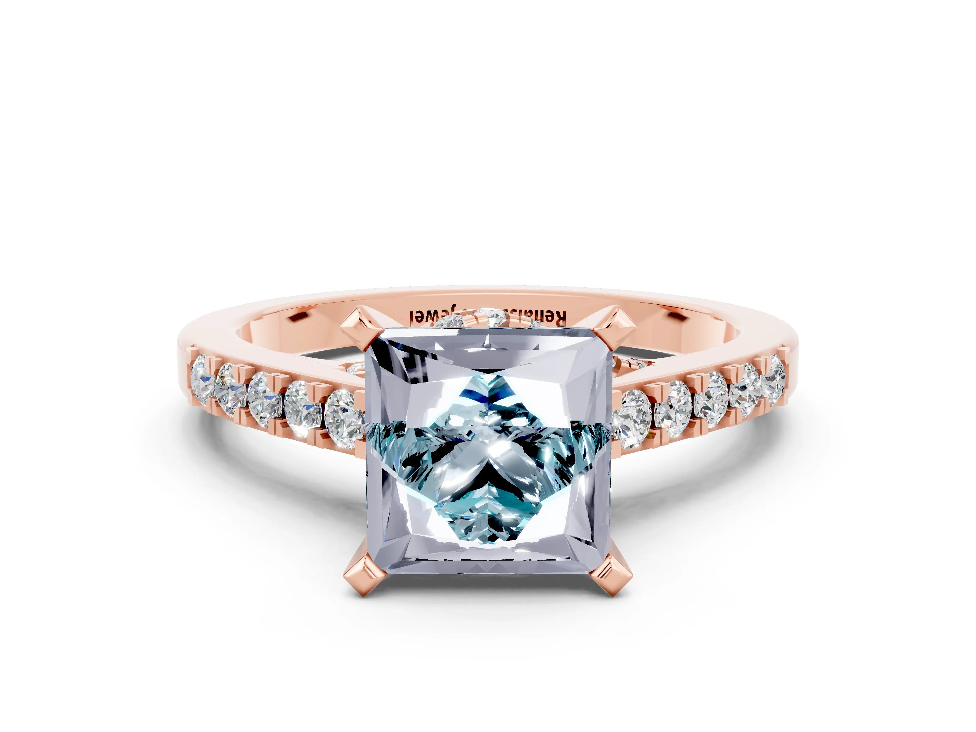 Rose gold Princess Cut Diamond Solitaire Ring with Pavé Band and Prong Setting_12