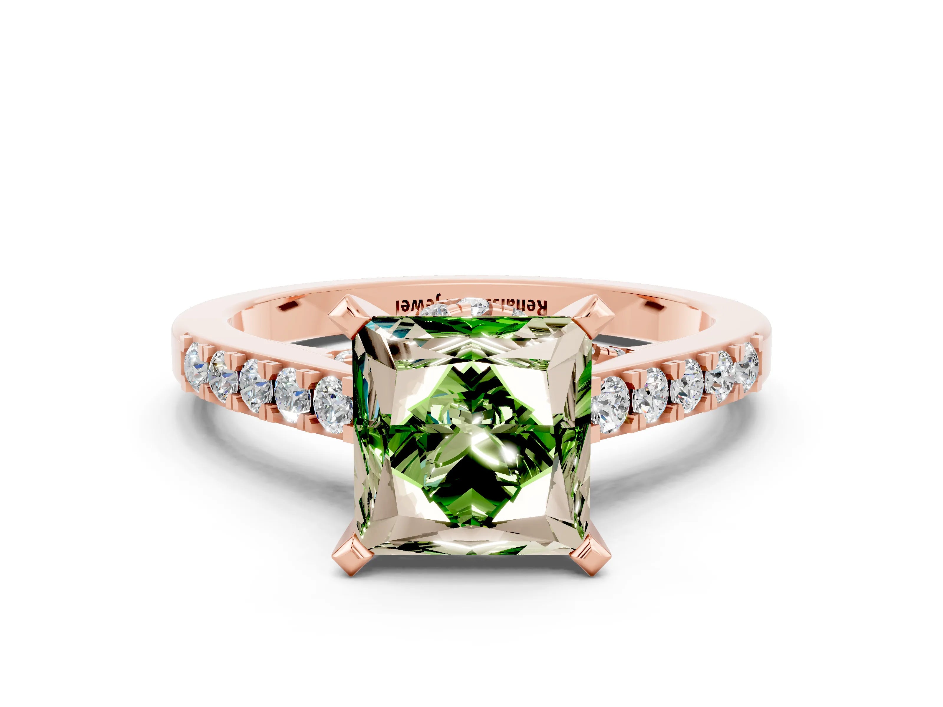 Rose gold Princess Cut Diamond Solitaire Ring with Pavé Band and Prong Setting_12