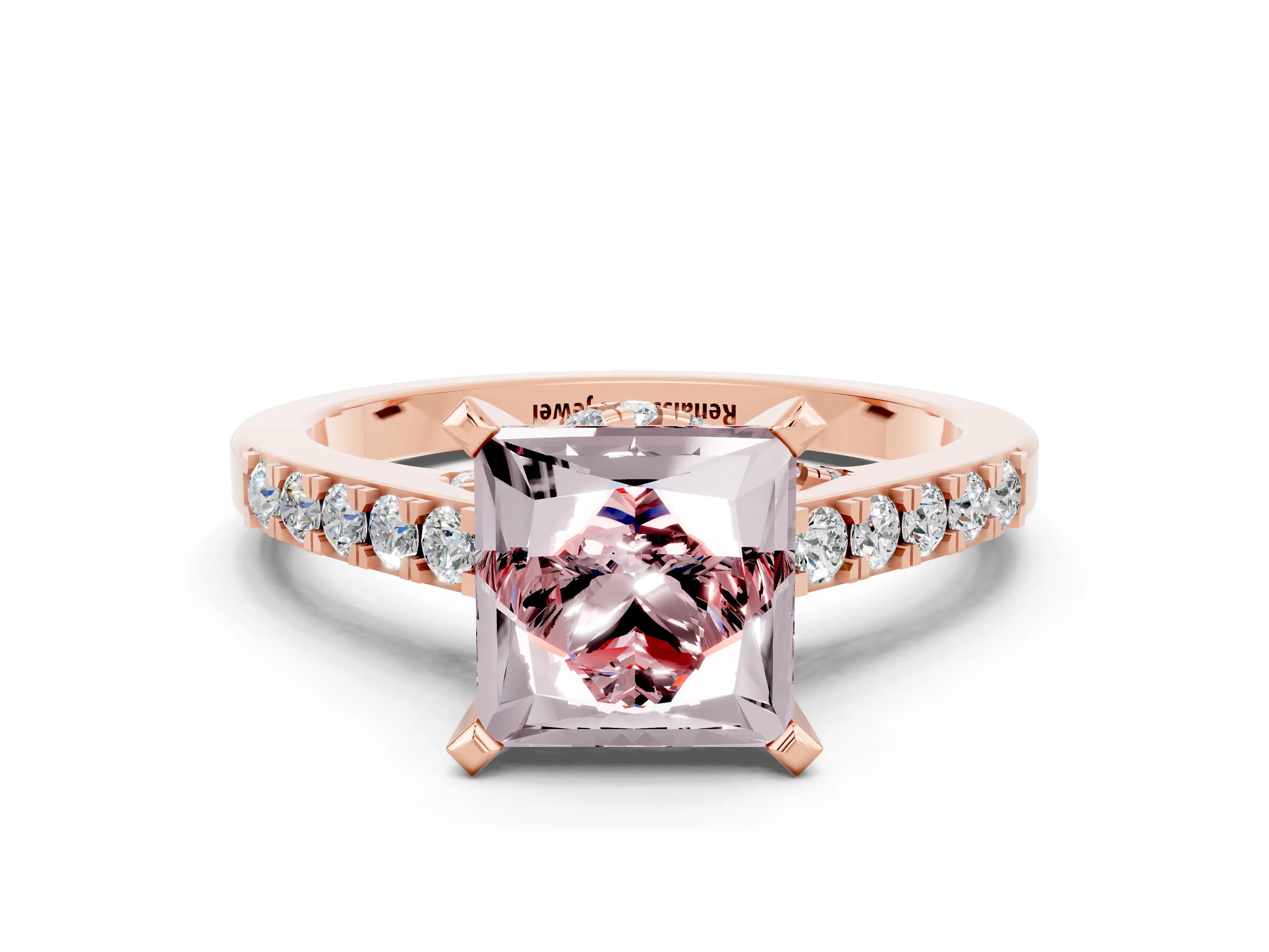 Rose gold Princess Cut Diamond Solitaire Ring with Pavé Band and Prong Setting_12