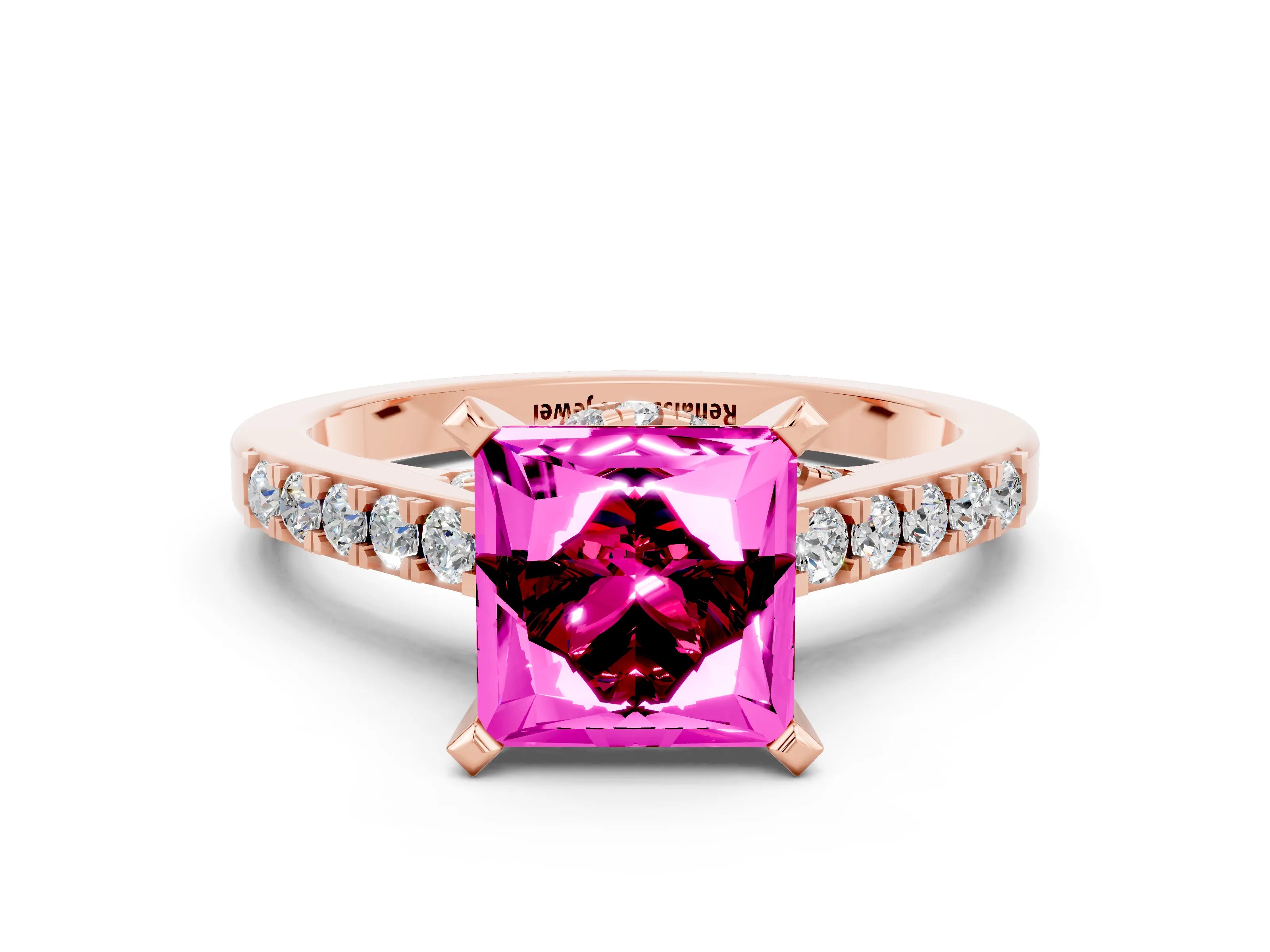 Rose gold Princess Cut Diamond Solitaire Ring with Pavé Band and Prong Setting_12