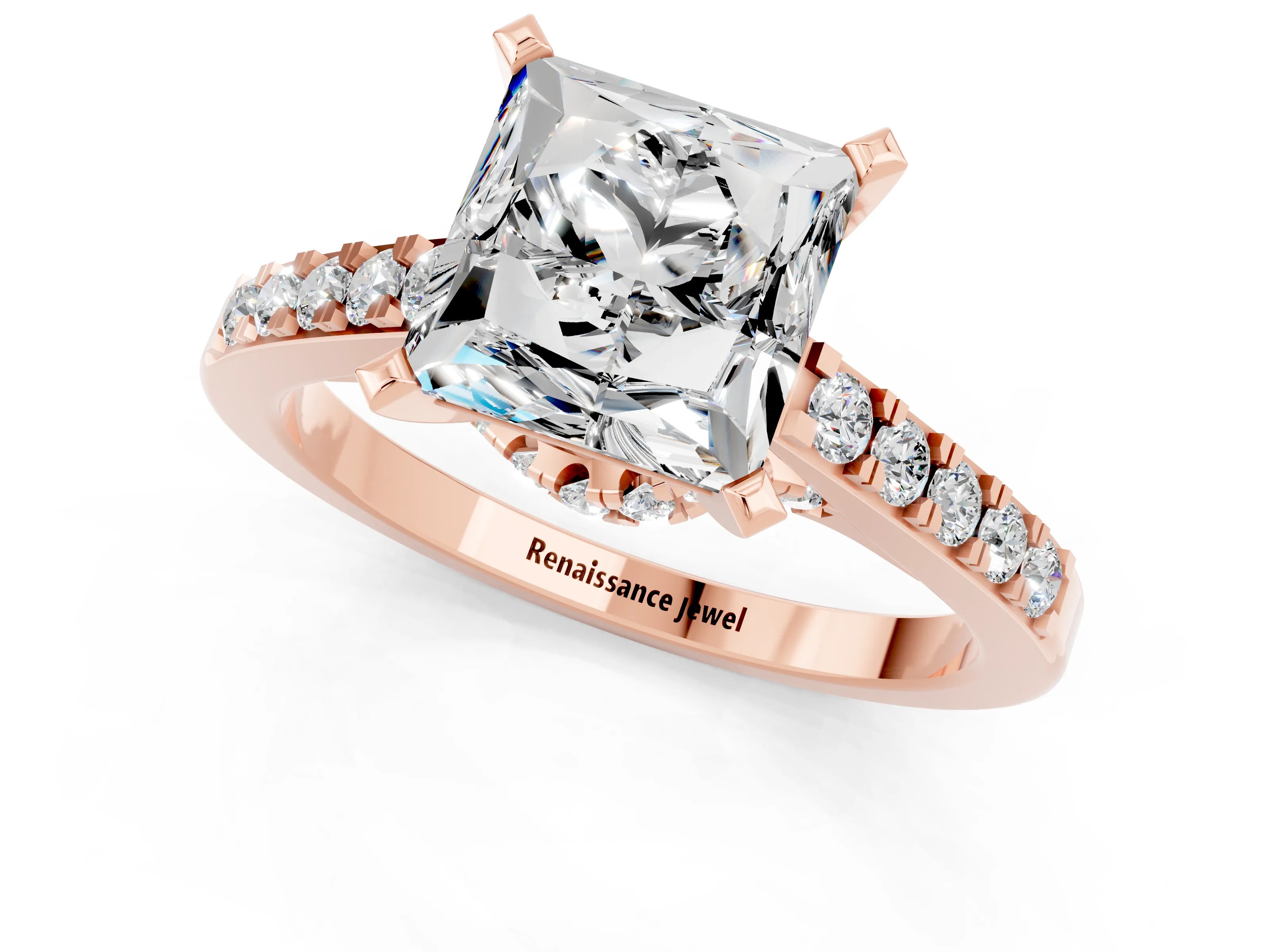 Rose gold Princess Cut Diamond Solitaire Ring with Pavé Band and Prong Setting_13