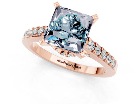 Rose gold Princess Cut Diamond Solitaire Ring with Pavé Band and Prong Setting_13
