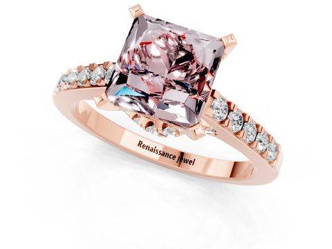Rose gold Princess Cut Diamond Solitaire Ring with Pavé Band and Prong Setting_13