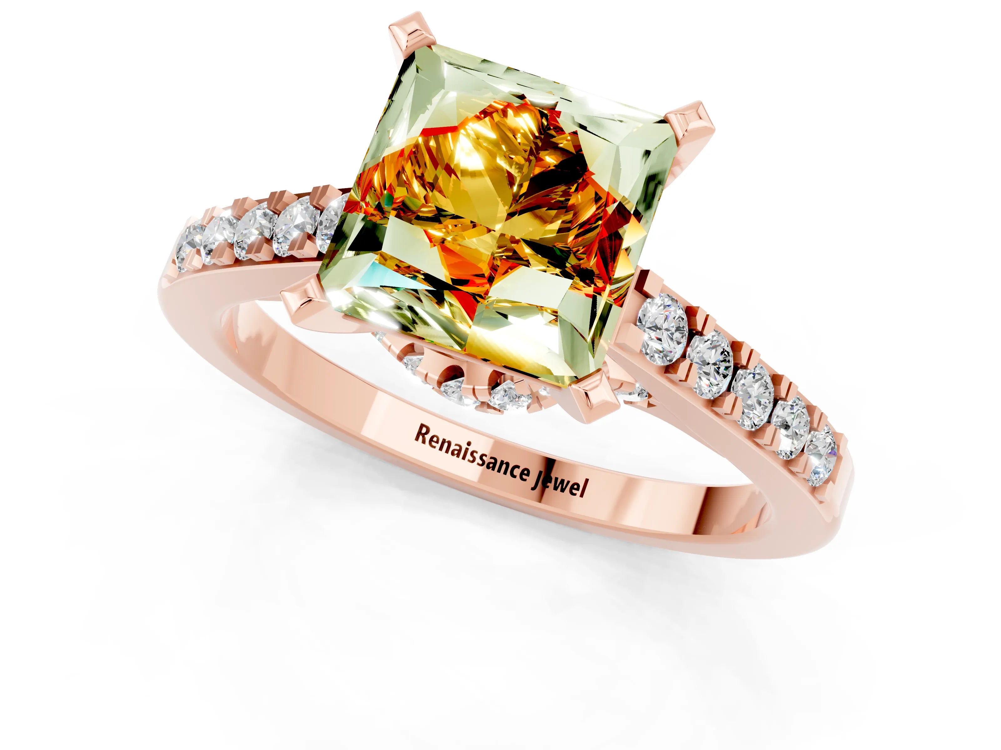 Rose gold Princess Cut Diamond Solitaire Ring with Pavé Band and Prong Setting_13