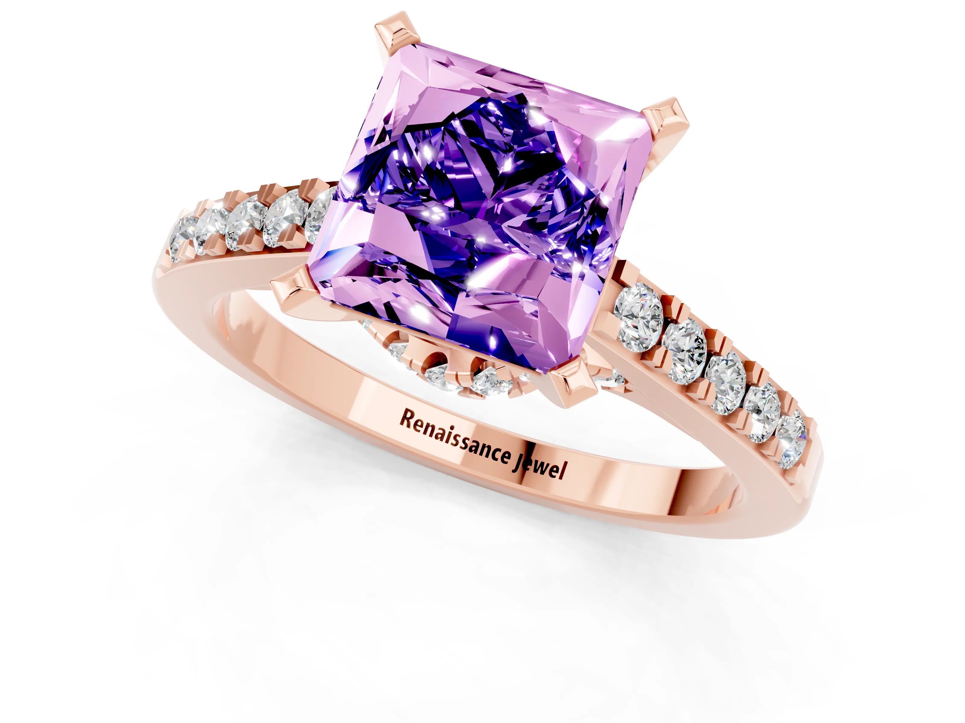 Rose gold Princess Cut Diamond Solitaire Ring with Pavé Band and Prong Setting_13