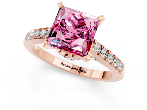 Rose gold Princess Cut Diamond Solitaire Ring with Pavé Band and Prong Setting_13