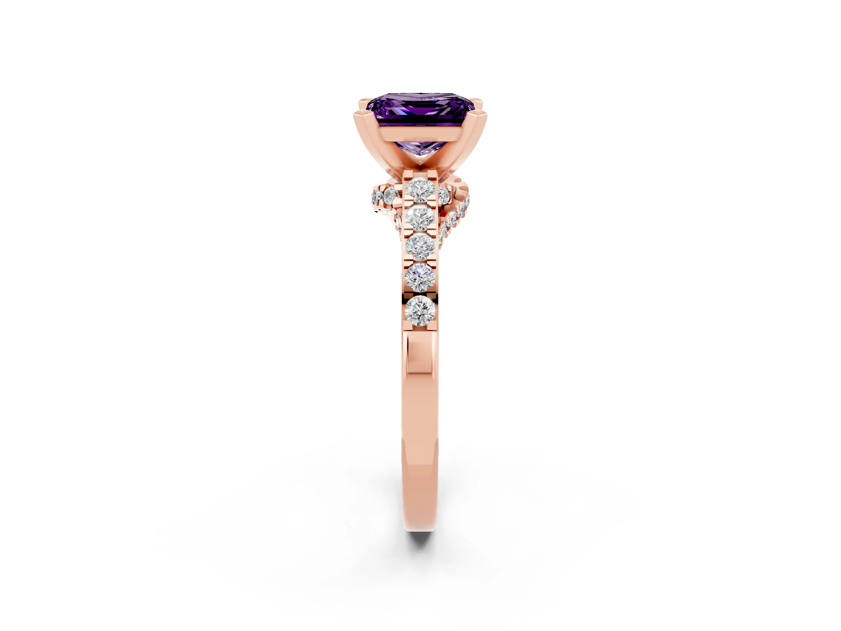Rose gold Princess Cut Diamond Solitaire Ring with Pavé Band and Prong Setting_14