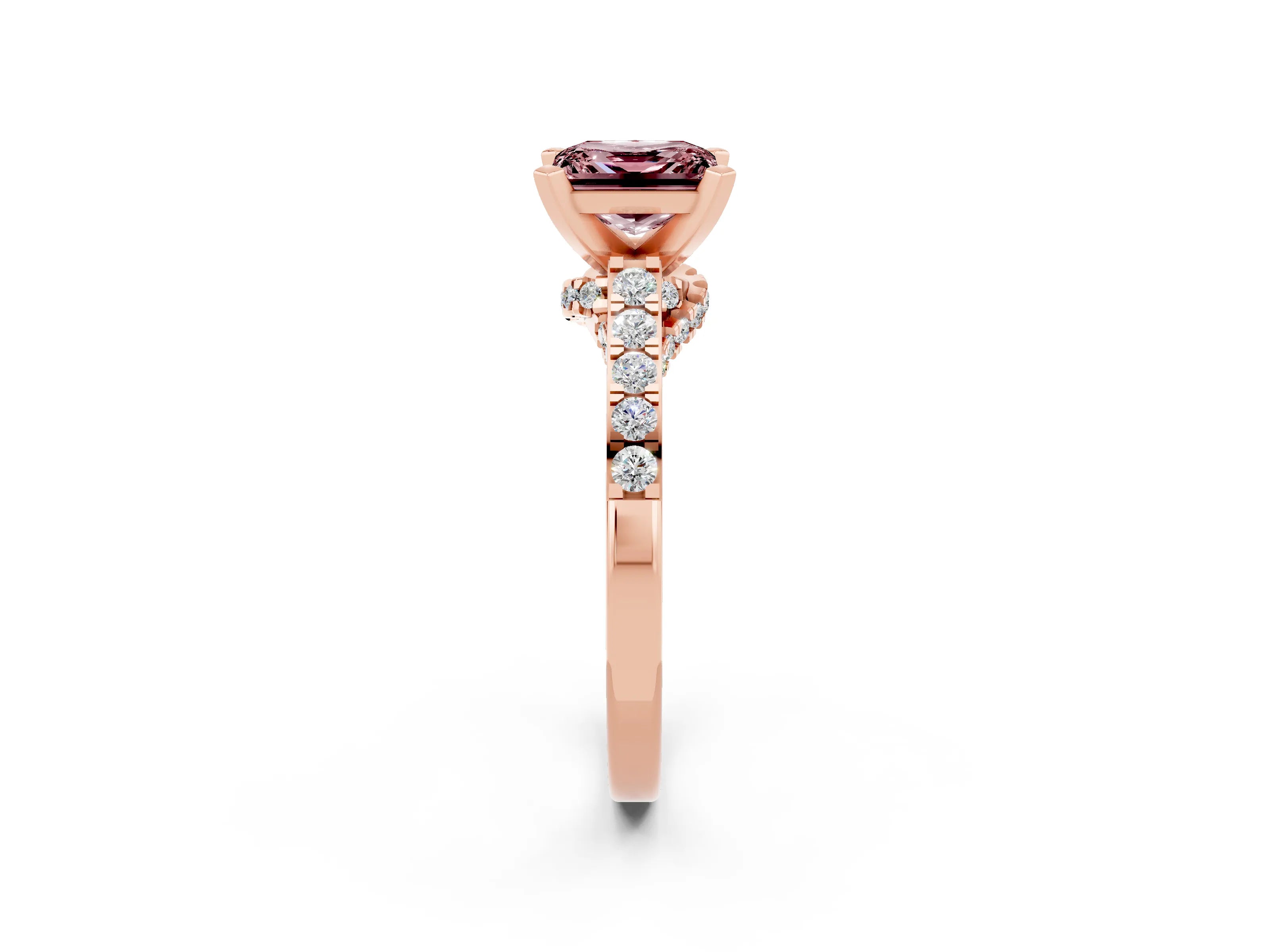 Rose gold Princess Cut Diamond Solitaire Ring with Pavé Band and Prong Setting_14