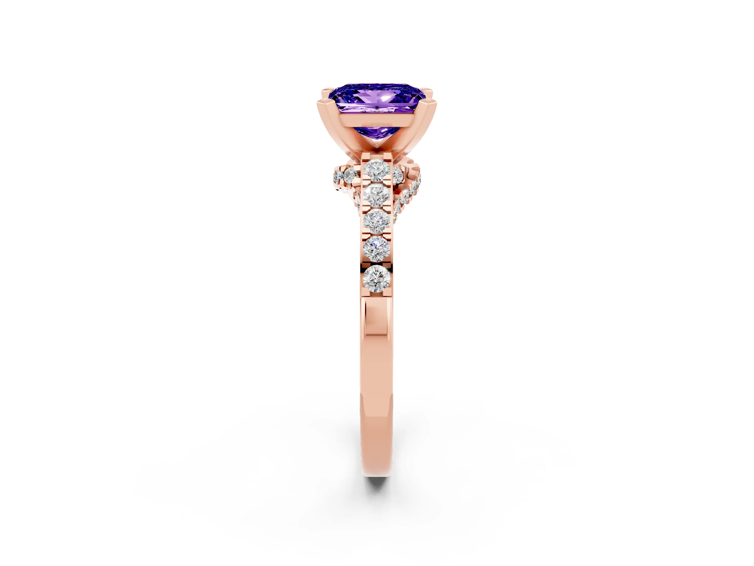 Rose gold Princess Cut Diamond Solitaire Ring with Pavé Band and Prong Setting_14