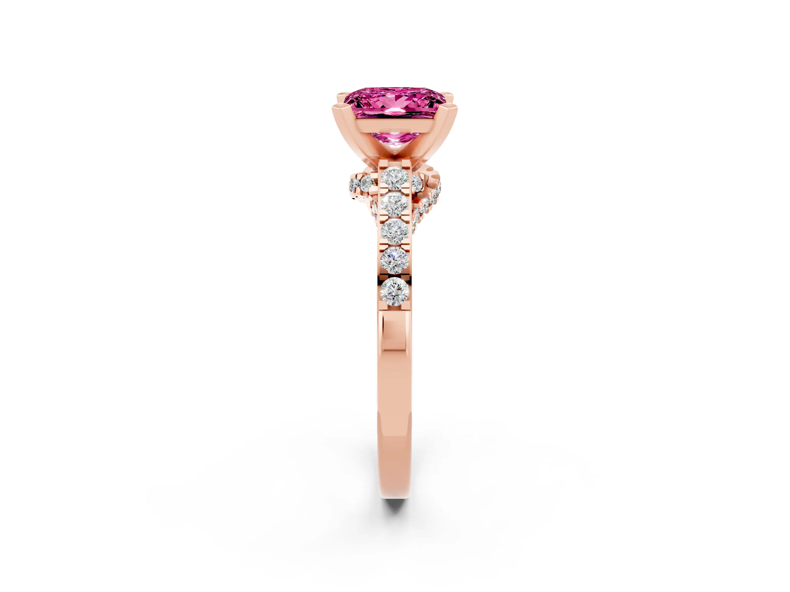 Rose gold Princess Cut Diamond Solitaire Ring with Pavé Band and Prong Setting_14