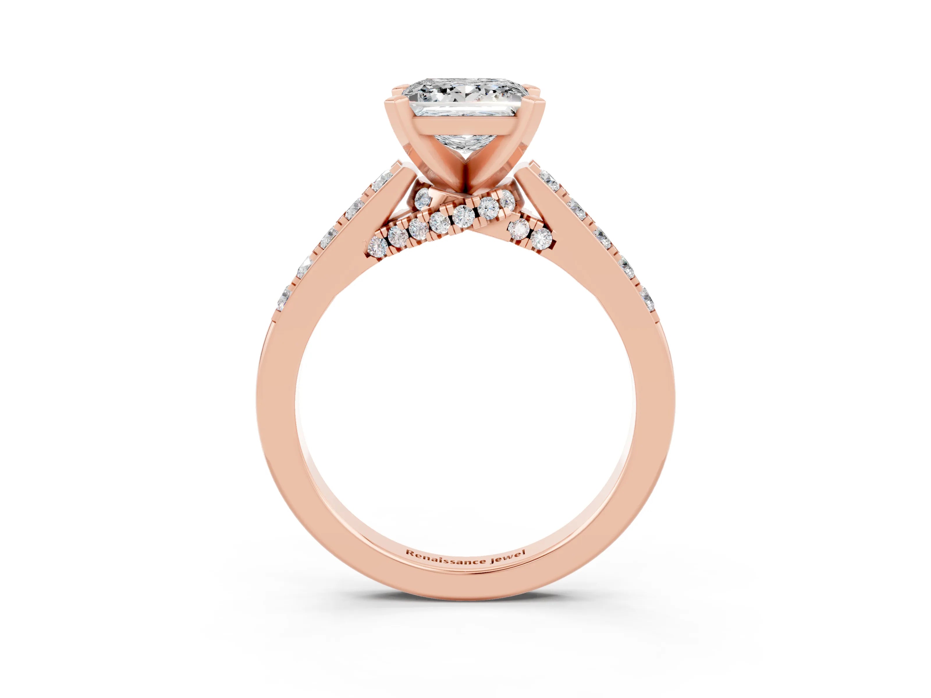 Rose gold Princess Cut Diamond Solitaire Ring with Pavé Band and Prong Setting_15