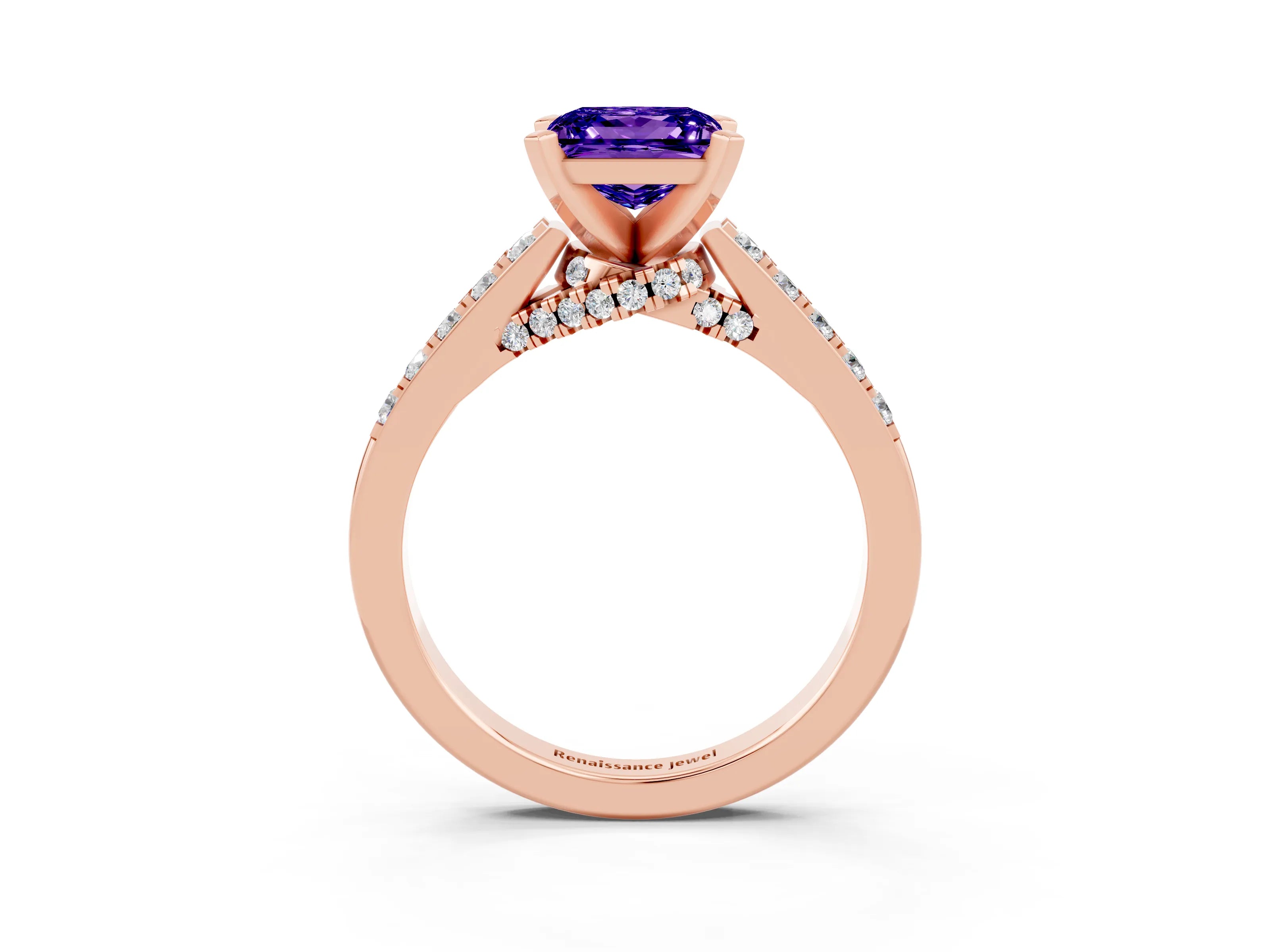 Rose gold Princess Cut Diamond Solitaire Ring with Pavé Band and Prong Setting_15
