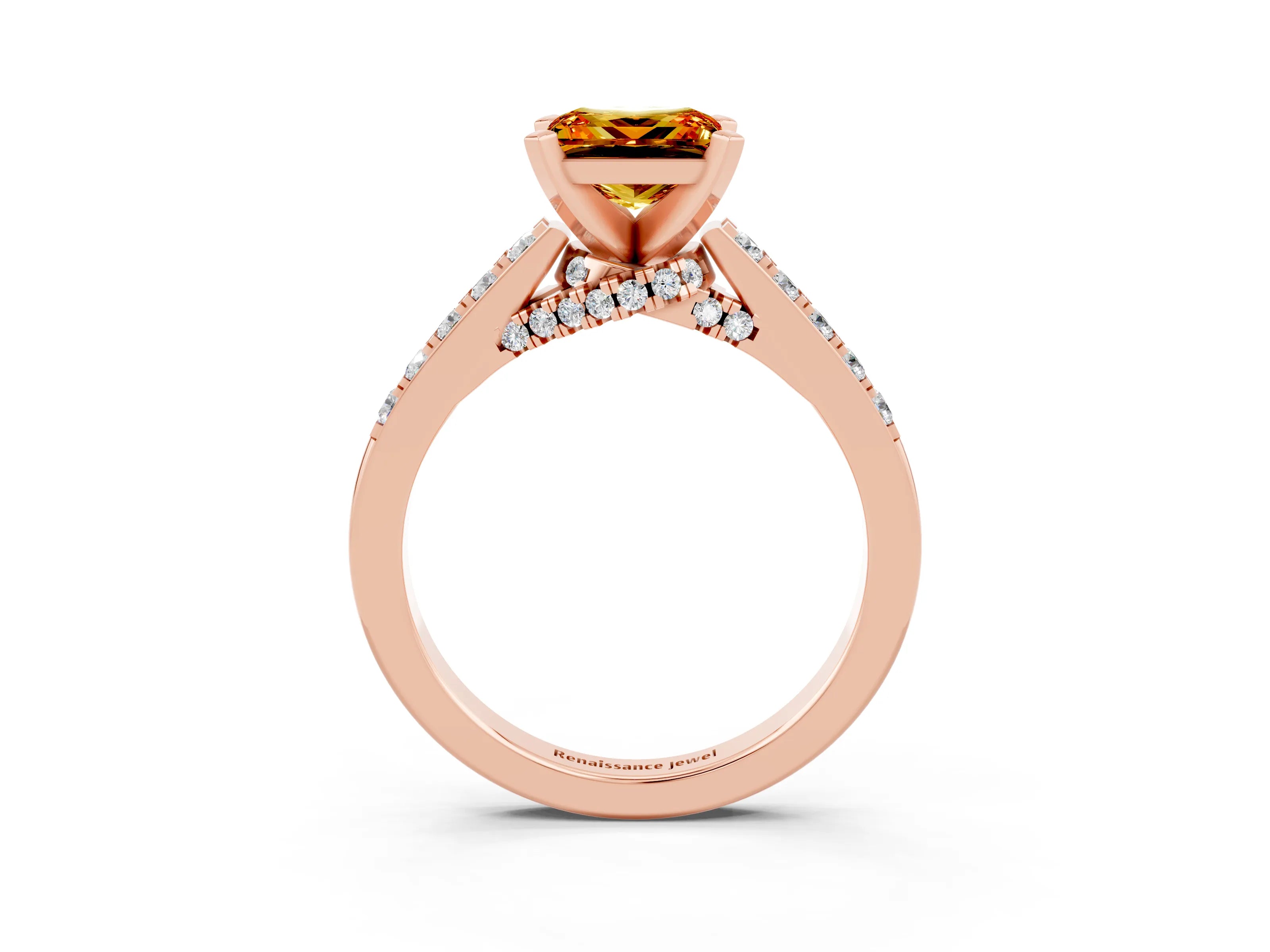 Rose gold Princess Cut Diamond Solitaire Ring with Pavé Band and Prong Setting_15