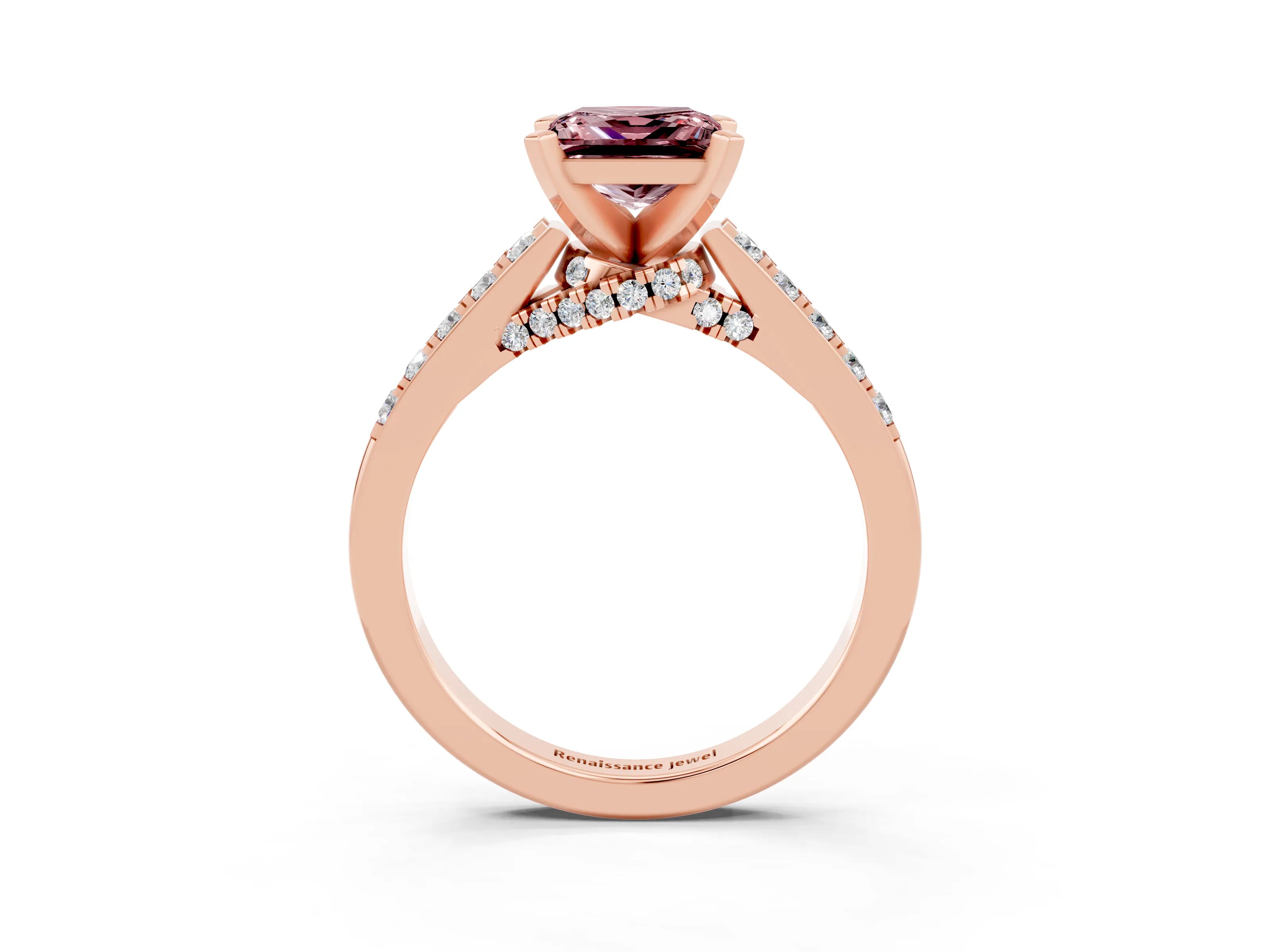Rose gold Princess Cut Diamond Solitaire Ring with Pavé Band and Prong Setting_15