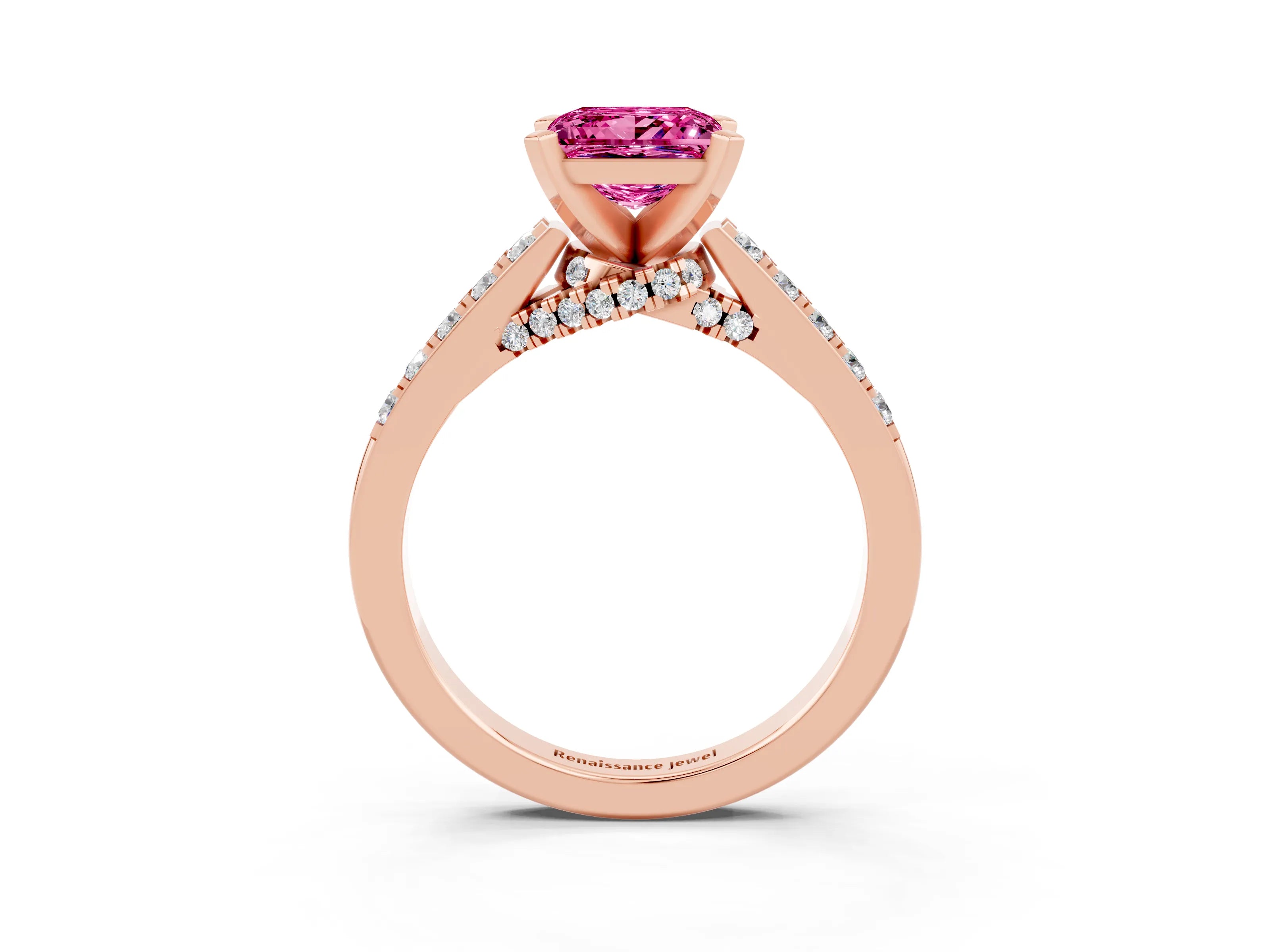 Rose gold Princess Cut Diamond Solitaire Ring with Pavé Band and Prong Setting_15