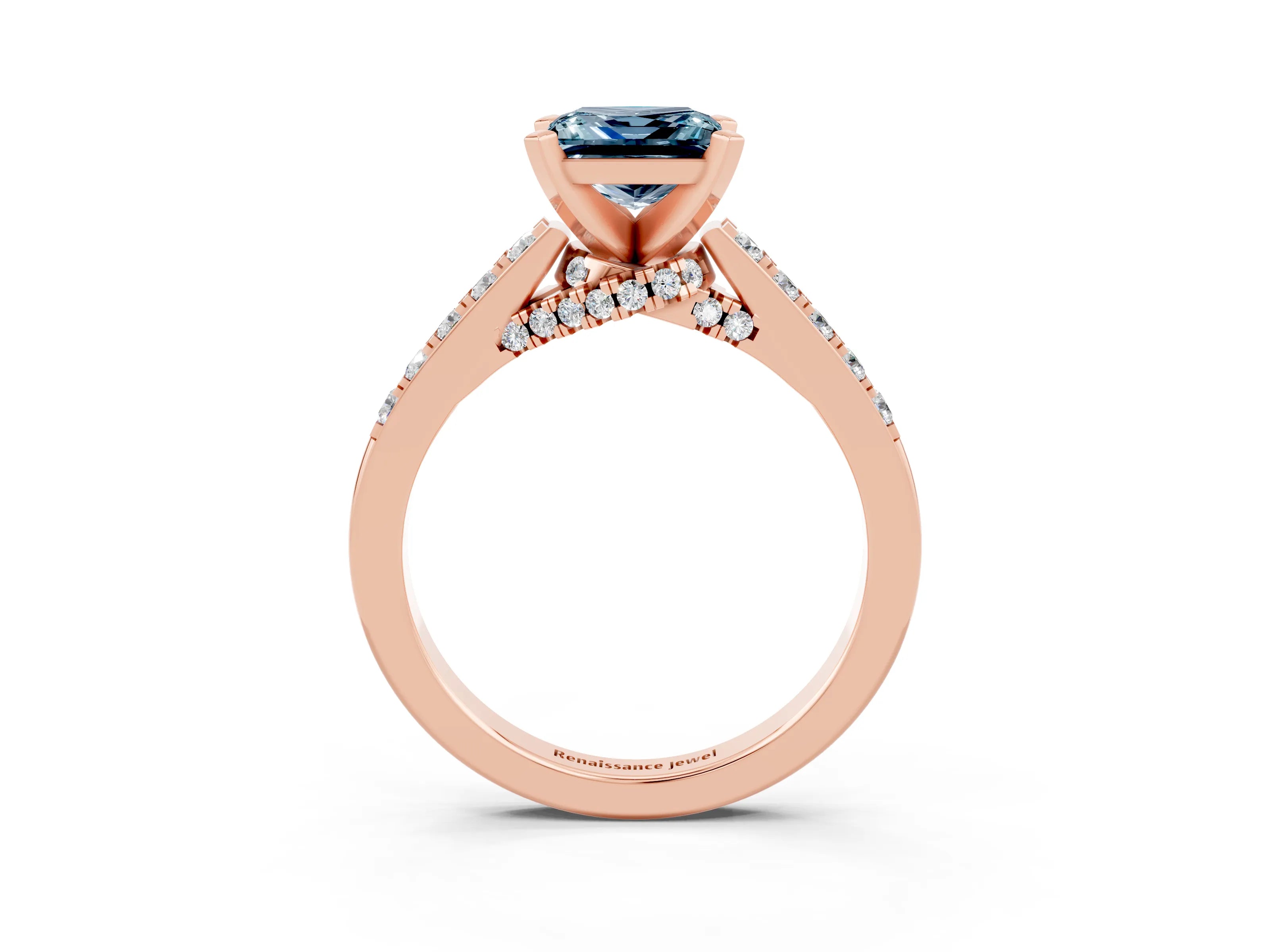 Rose gold Princess Cut Diamond Solitaire Ring with Pavé Band and Prong Setting_15
