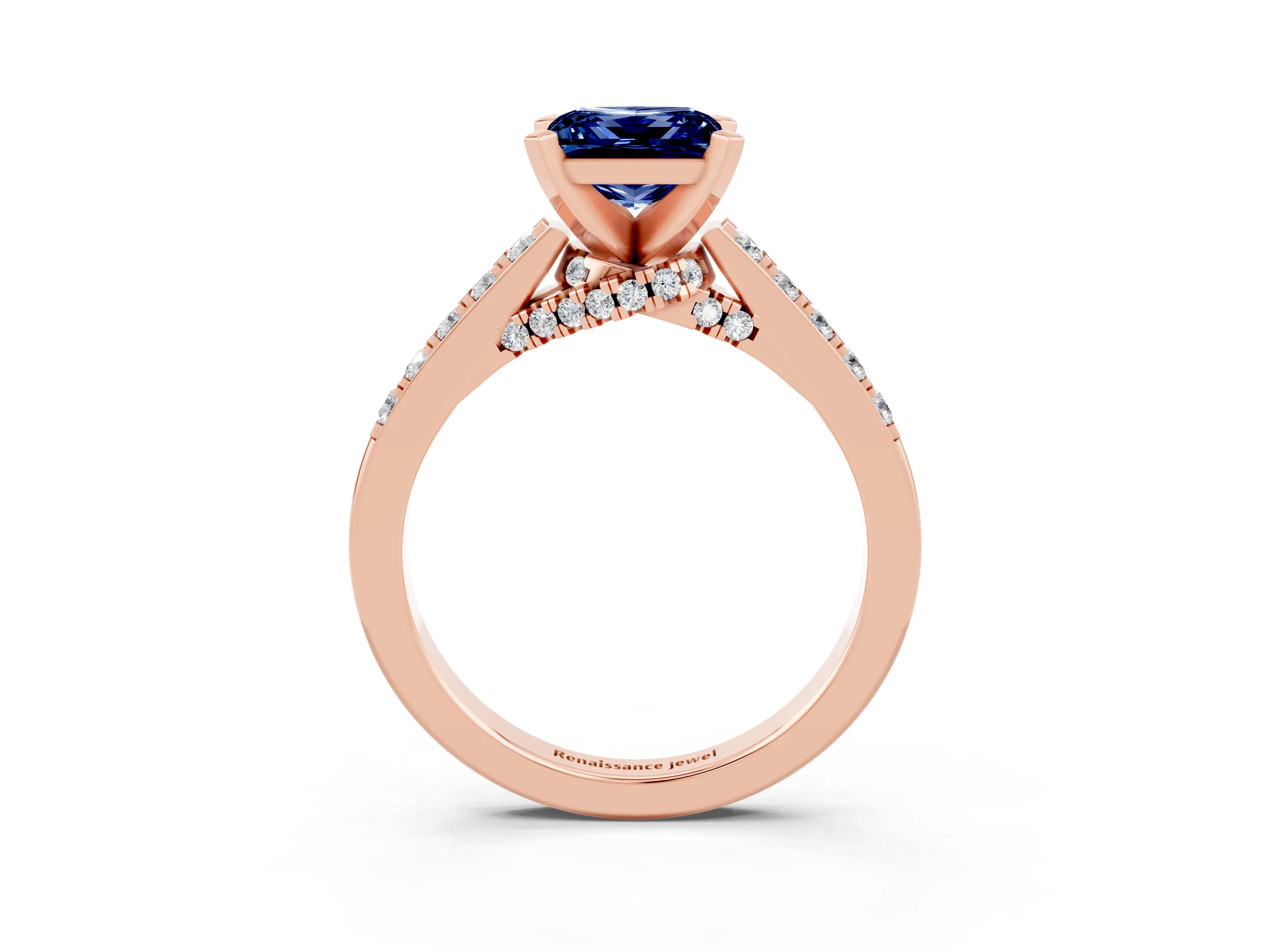 Rose gold Princess Cut Diamond Solitaire Ring with Pavé Band and Prong Setting_15
