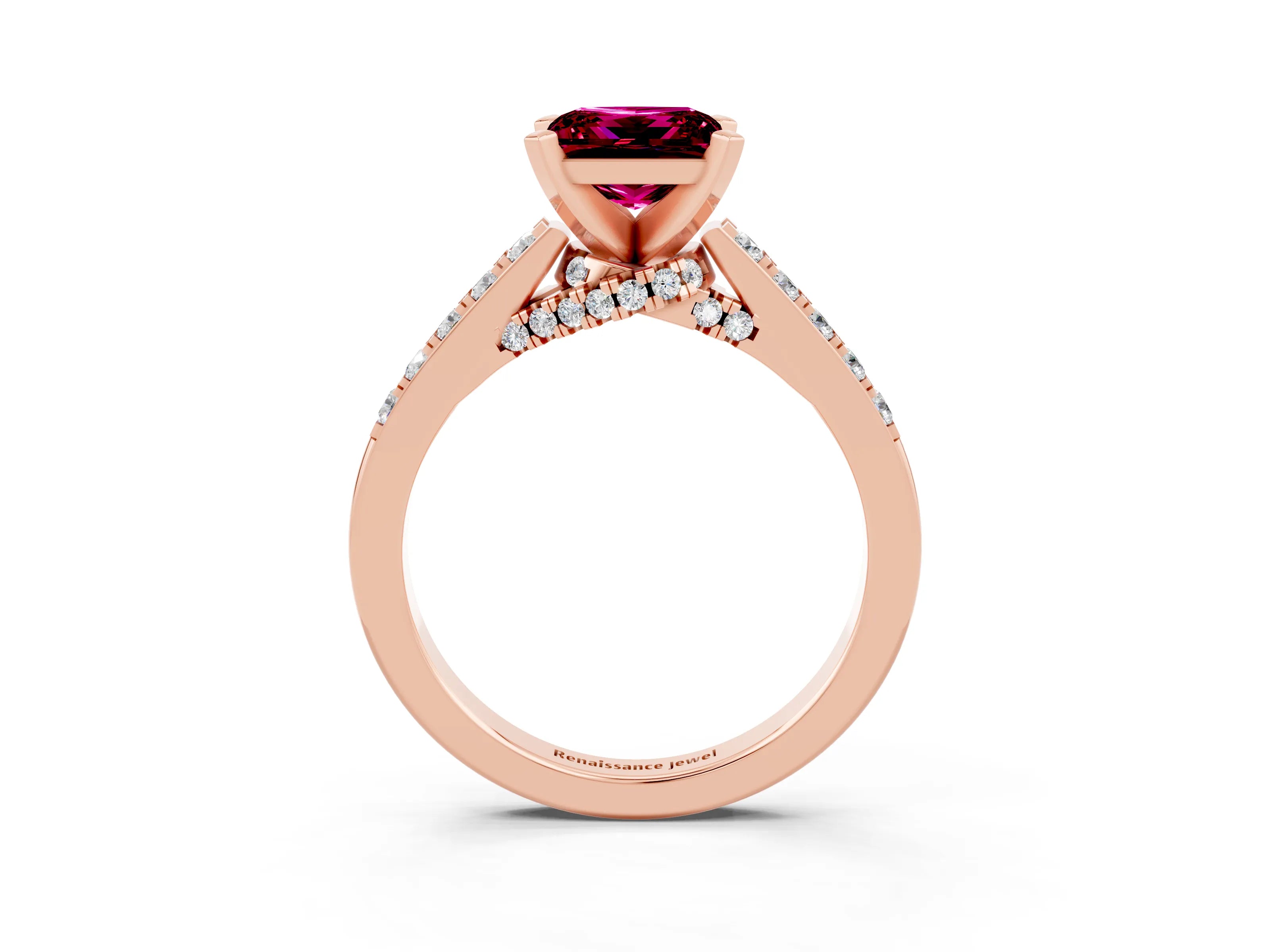 Rose gold Princess Cut Diamond Solitaire Ring with Pavé Band and Prong Setting_15