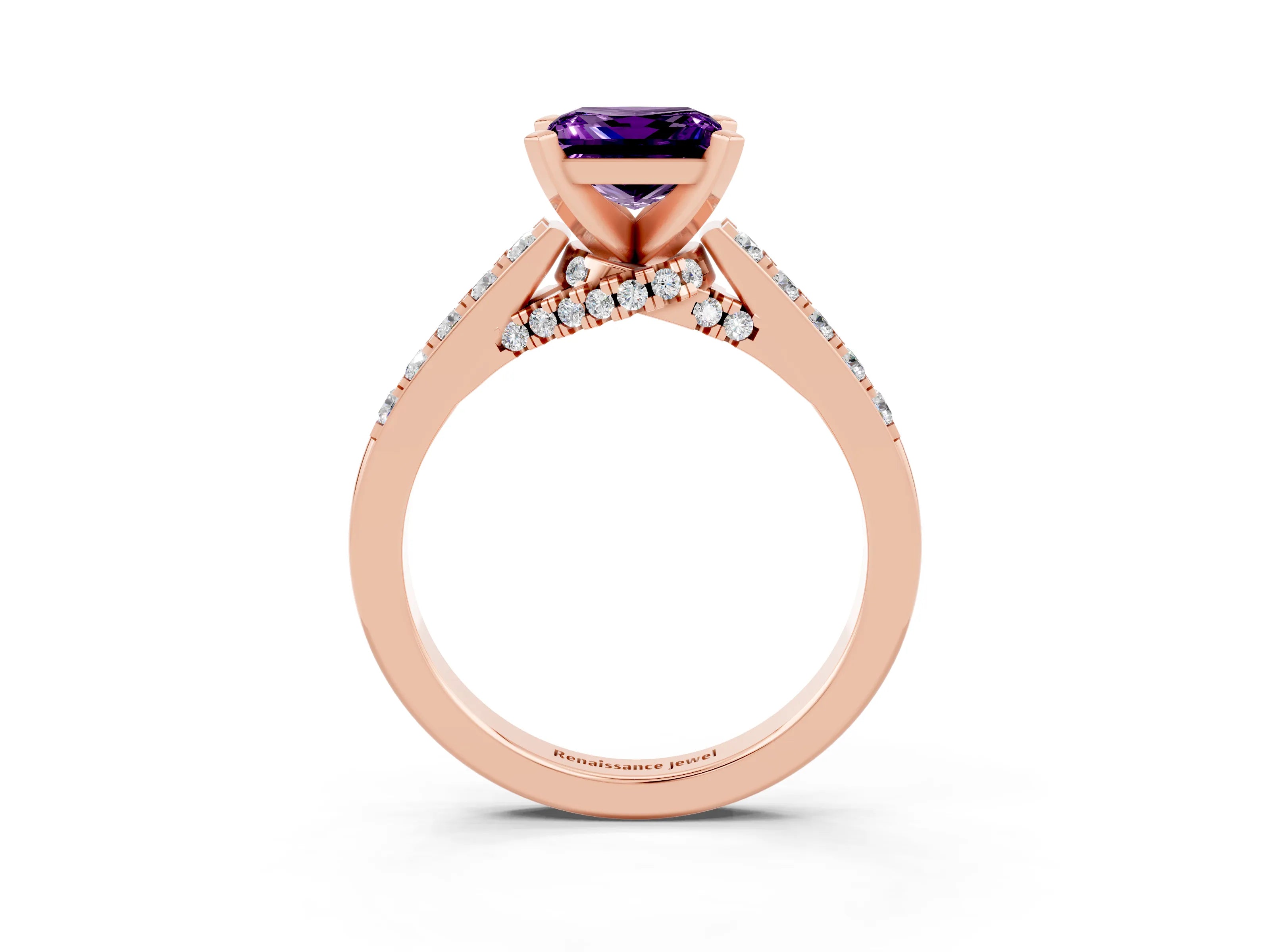 Rose gold Princess Cut Diamond Solitaire Ring with Pavé Band and Prong Setting_15