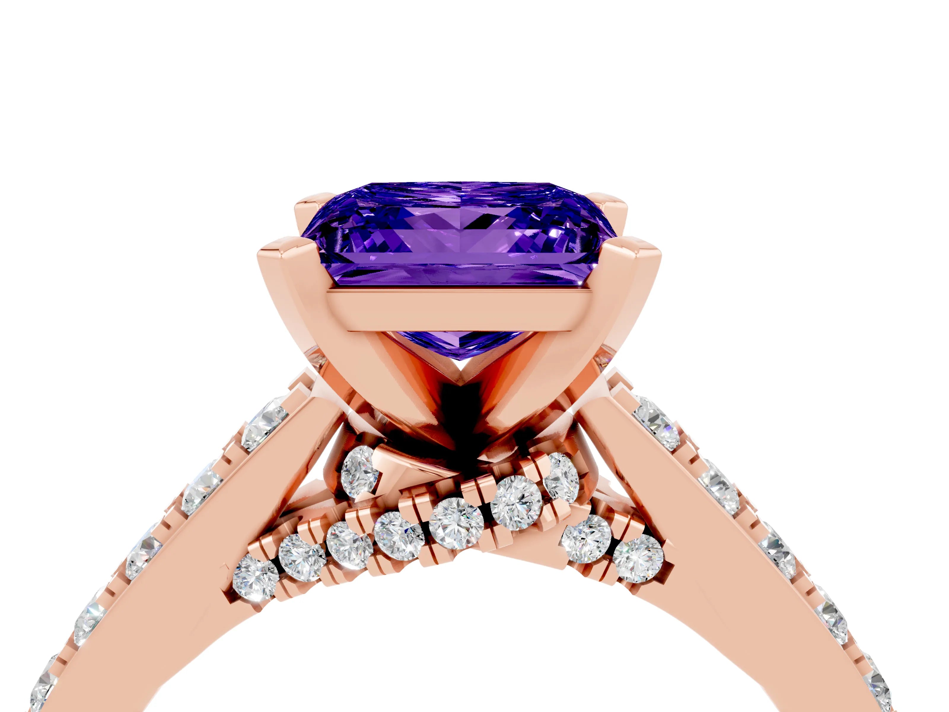 Rose gold Princess Cut Diamond Solitaire Ring with Pavé Band and Prong Setting_16
