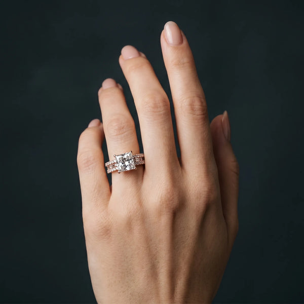 Rose gold Princess Cut Diamond Solitaire Ring with Pavé and Channel Set Band