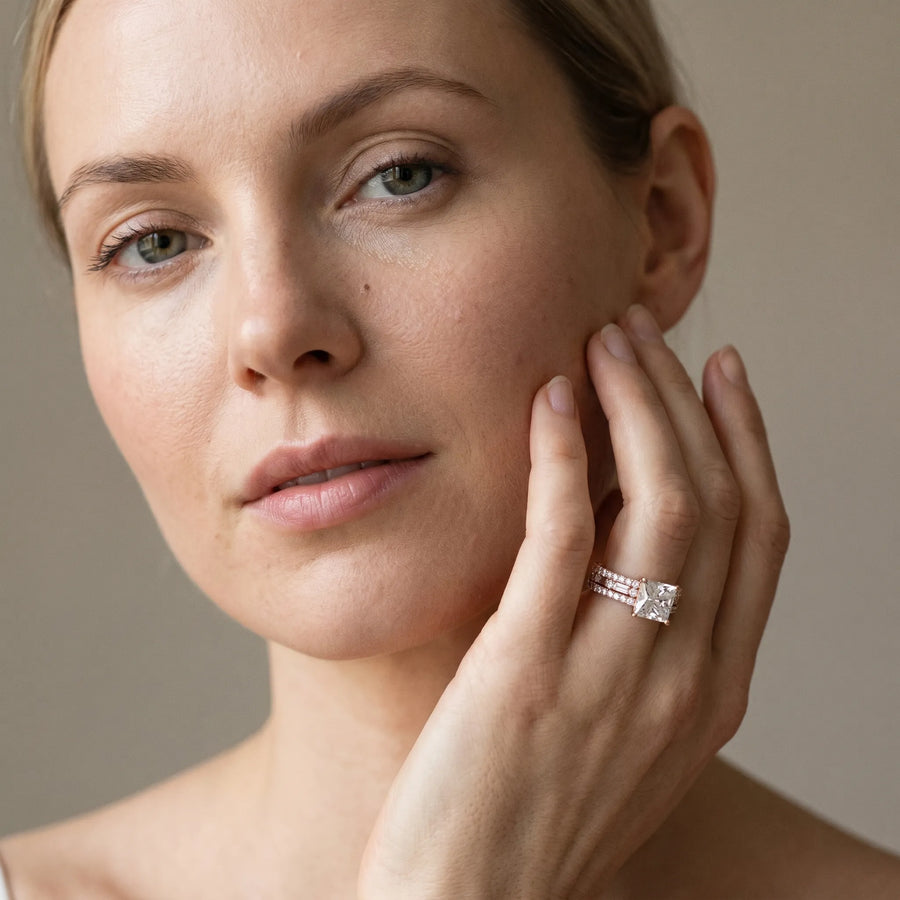 Rose gold Princess Cut Diamond Solitaire Ring with Pavé and Channel Set Band