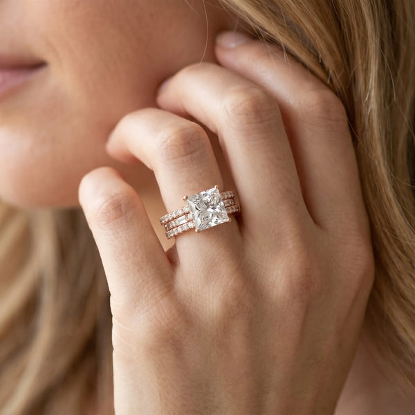 Rose gold Princess Cut Diamond Solitaire Ring with Pavé and Channel Set Band