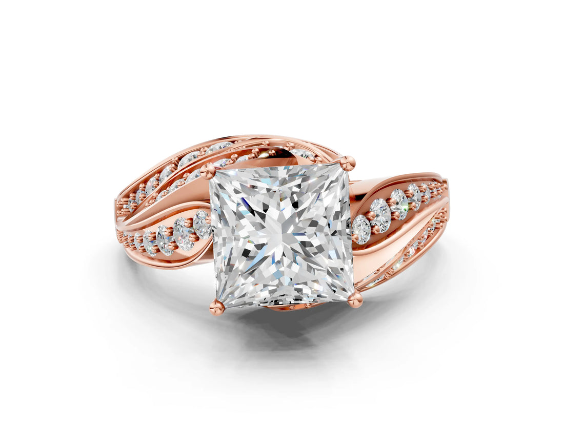 Rose gold Princess Cut Diamond Solitaire Ring with Prong Setting and Twisted Pavé Band_3