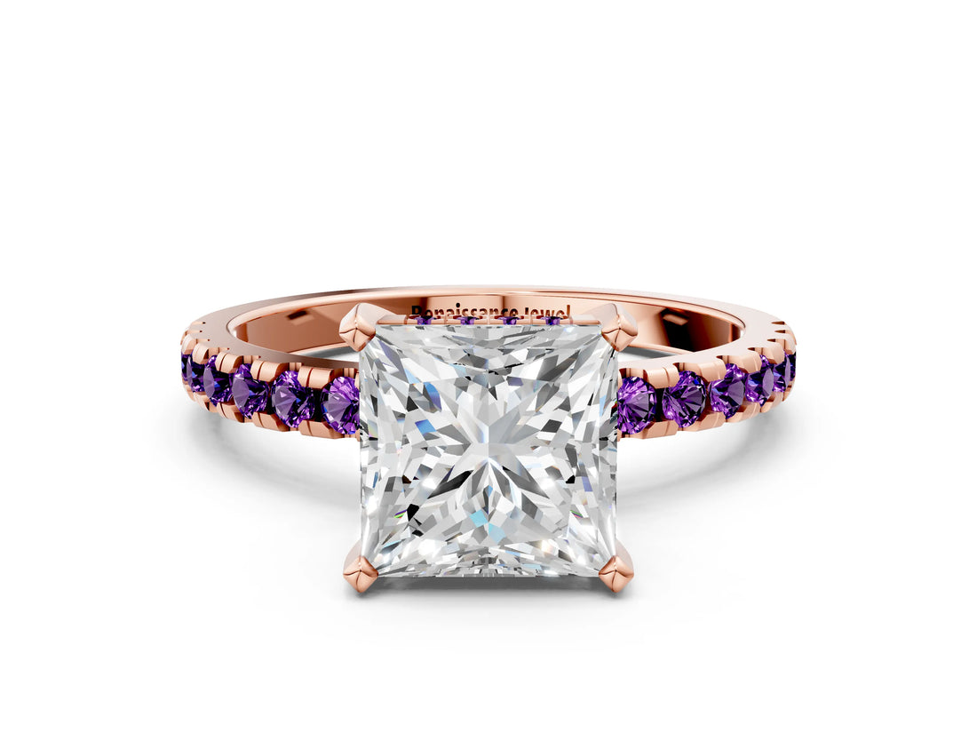 Rose gold Princess Cut Diamond Solitaire Ring with Round with Amethyst side stone Pavé Band and Four-Prong Setting_36