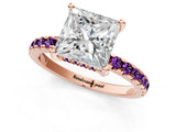 Rose gold Princess Cut Diamond Solitaire Ring with Round with Amethyst side stone Pavé Band and Four-Prong Setting_37