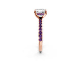 Rose gold Princess Cut Diamond Solitaire Ring with Round with Amethyst side stone Pavé Band and Four-Prong Setting_38