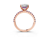Rose gold Princess Cut Diamond Solitaire Ring with Round with Amethyst side stone Pavé Band and Four-Prong Setting_39
