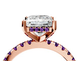 Rose gold Princess Cut Diamond Solitaire Ring with Round with Amethyst side stone Pavé Band and Four-Prong Setting_40